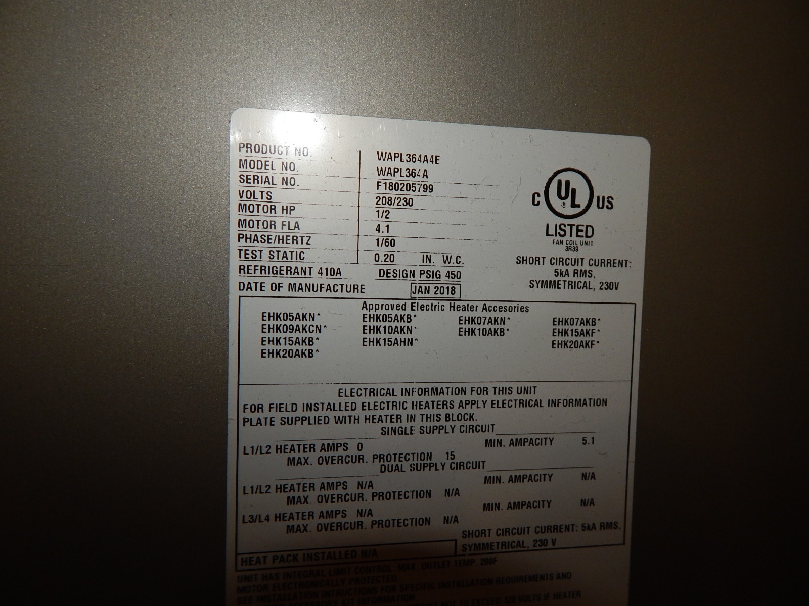 HVAC fan coil unit data plate
