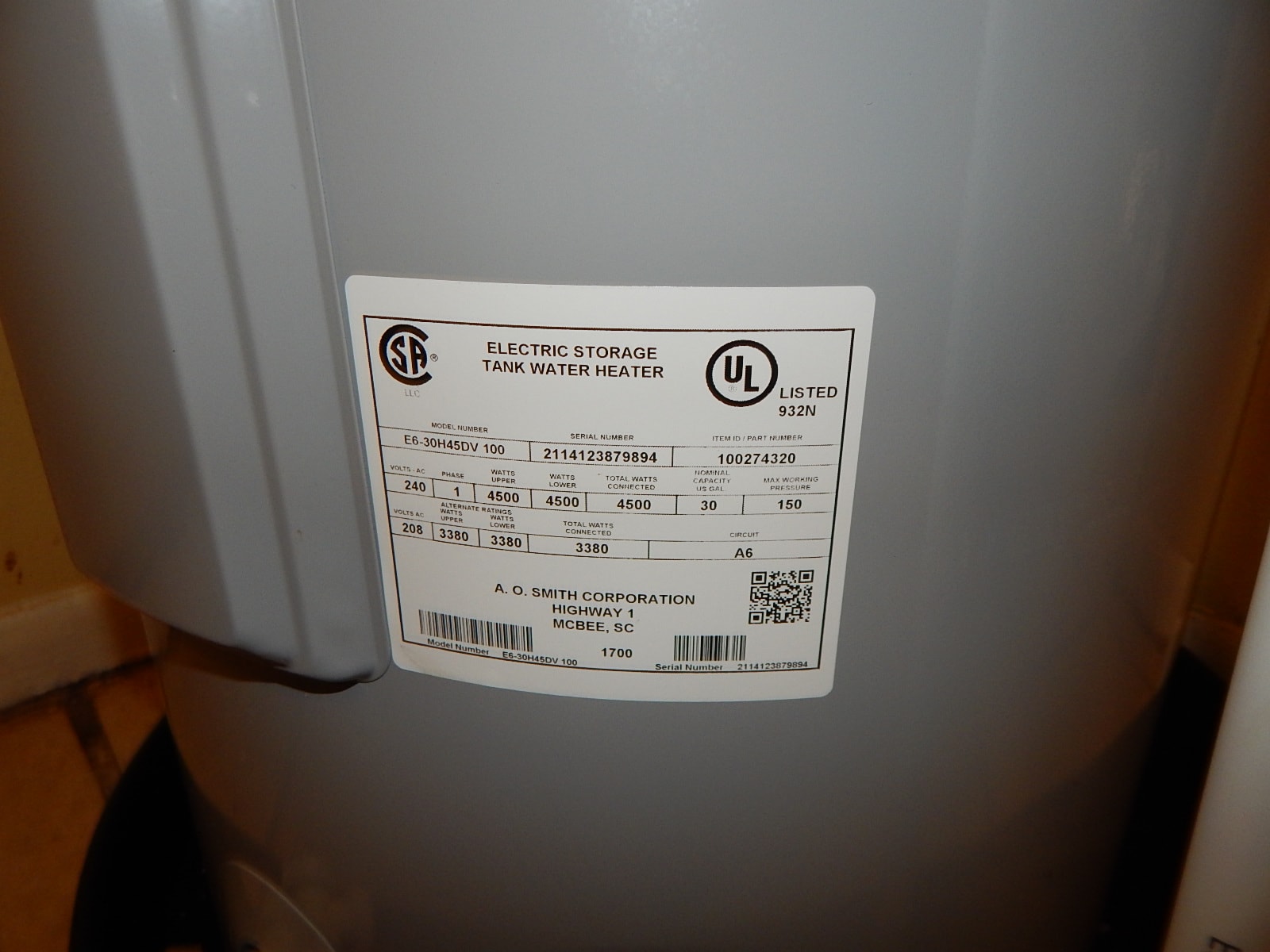 Water heater data label